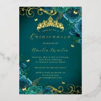 Rose turquoise Floral Gold Swirl Quinceanera