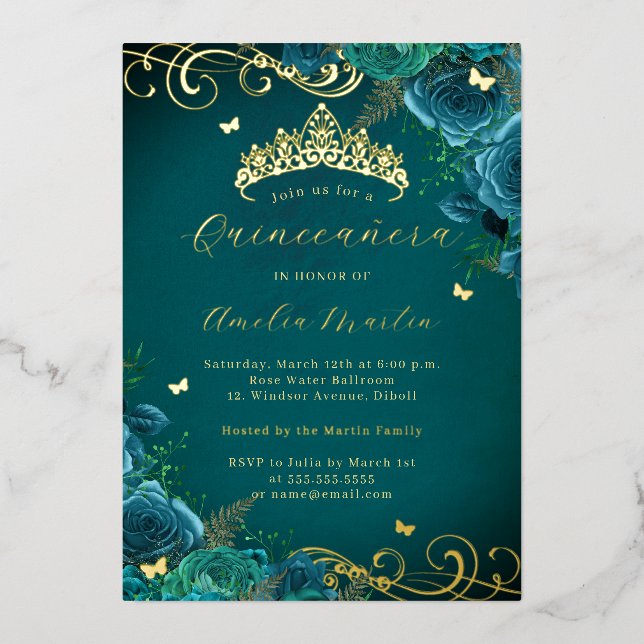 Invitation En Aluminium Rose turquoise Floral Gold Swirl Quinceanera (Recto)