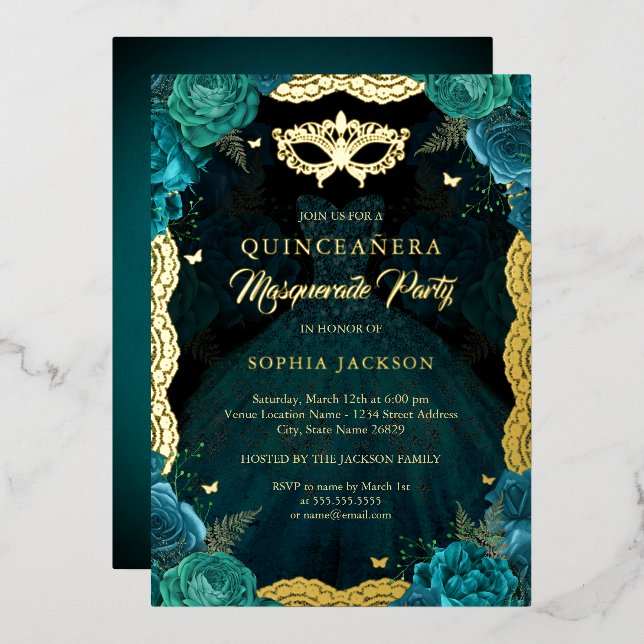 Invitation En Aluminium Rose turquoise Gold Masquerade Party Robe Quincean (Recto/Verso)