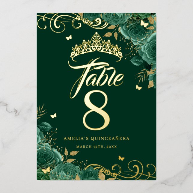 Invitation En Aluminium Rose vert Swirl Quinceanera Gold Table Numéro (Recto)