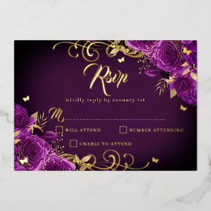 Invitation En Aluminium Rose violet Floral Gold Swirl Quinceanera