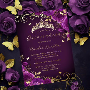 Invitation En Aluminium Rose violet Floral Gold Swirl Quinceanera