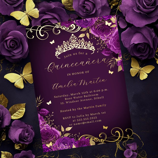 Invitation En Aluminium Rose violet Floral Gold Swirl Quinceanera (Créateur téléchargé)