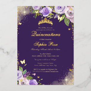 Invitation En Aluminium Rose Violet Or Papillon Floral Quinceanera