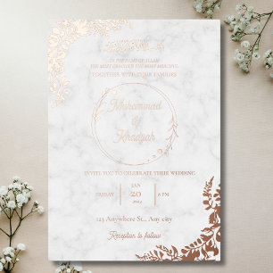 Invitation En Aluminium RoseGold Feuilles Ornate Marbre blanc Mariage musu