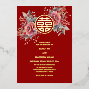 Invitation En Aluminium Roses à l'aquarelle Mariage Chinois