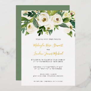 Invitation En Aluminium Roses Blanches Élégantes Fleurs Vertes Mariage Or