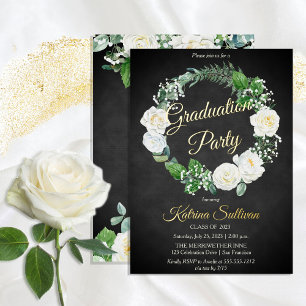 Invitation En Aluminium Roses blanches   Eucalyptus Green Graduation Party