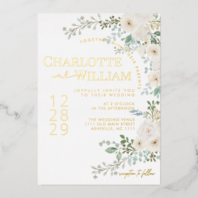 Invitation En Aluminium Roses blanches rustiques Verdure Mariage moderne (Recto)