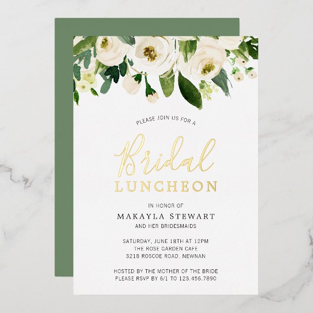 Invitation En Aluminium Roses blanches Verdure Floral Bridal Luncheon Or (Recto/Verso)