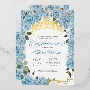 Invitation En Aluminium Roses Bleu Clair Princesse Quinceanera Or Réel