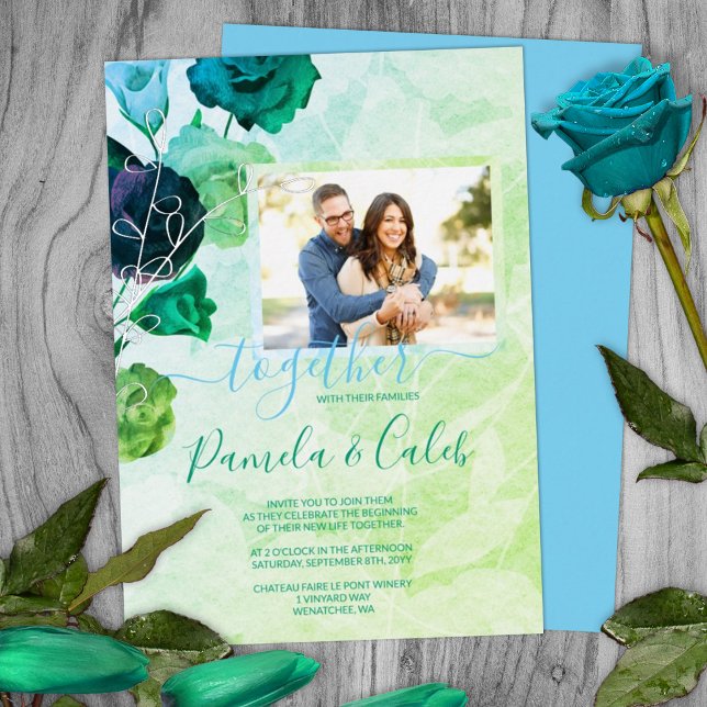 Invitation En Aluminium Roses Bleu, Vert, Turquoise Mariage Argent (green floral wedding invitations spring springtime green wedding colors silver foil leaves navy blue)