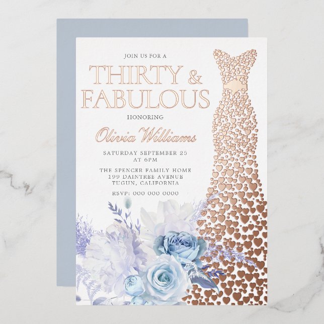 Invitation En Aluminium Roses Bleues 30e Anniversaire Or Rose (Recto/Verso)