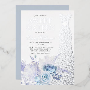 Invitation En Aluminium Roses Bleues Robe à Paillettes Argentées Sweet 16