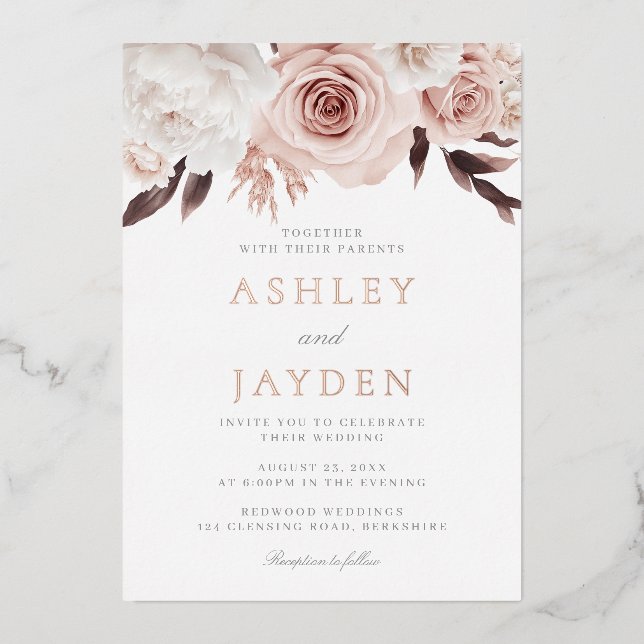 Invitation En Aluminium Roses bleus & Fleurs blanches Mariage Rose or (Recto)
