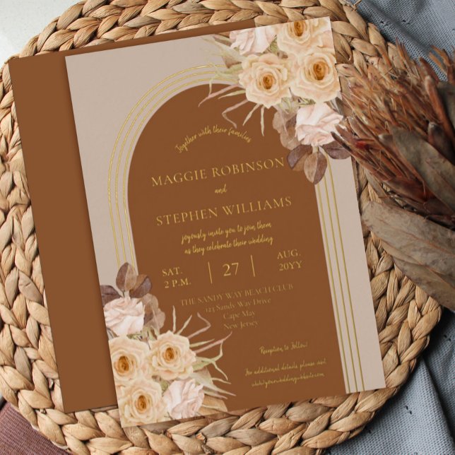 Invitation En Aluminium Roses Caramel Boho | Mariage Herbes Séchées (Créateur téléchargé)