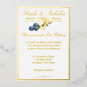 Invitation En Aluminium Roses Coeur & Bleu, Elégant Mariage Blanc, Or