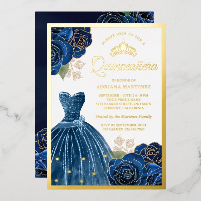 Invitation En Aluminium Roses de la Quinceanera en bleu marine (Recto/Verso)