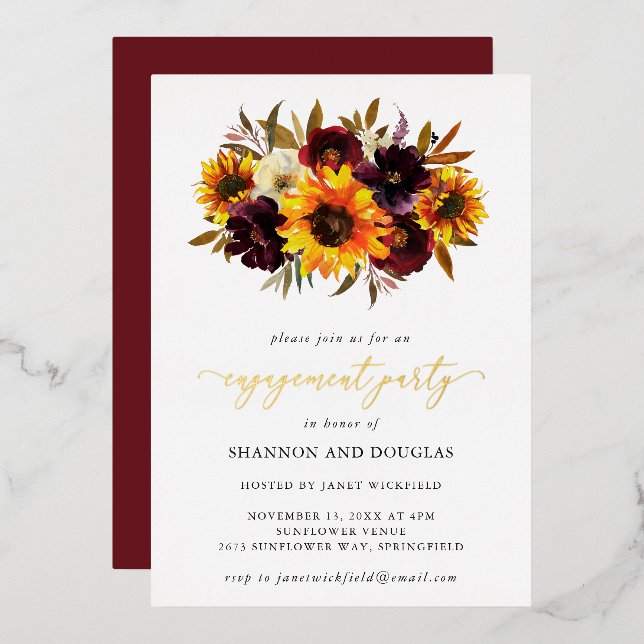 Invitation En Aluminium Roses de soleil de mariage rustique d'automne Or (Recto/Verso)