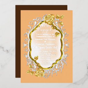 Invitation En Aluminium Roses d'or sur un cadre d'or avec dentelle blanche