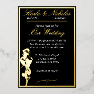 Invitation En Aluminium Roses, Élégant Mariage Noir, Or