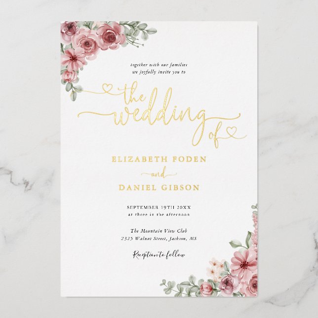 Invitation En Aluminium Roses Floral Mariage Coeurs Script Or (Recto)