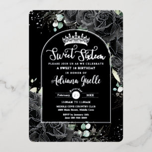 Invitation En Aluminium Roses Noires Floral Noir Argent Anniversaire 16 An
