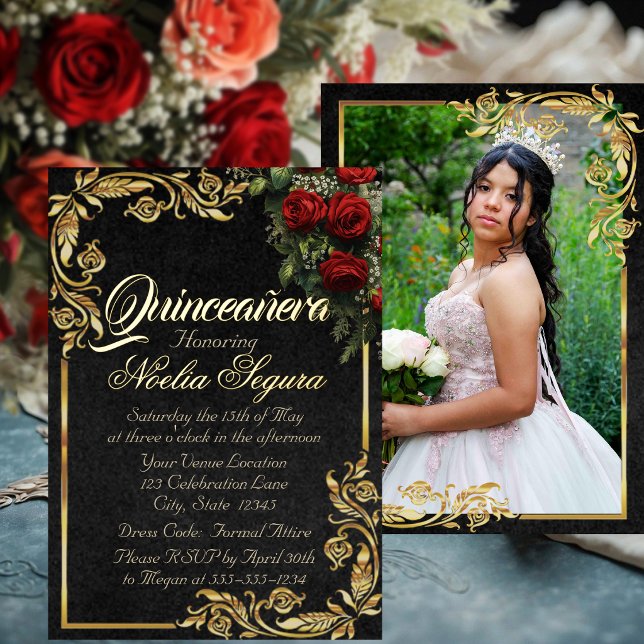 Invitation En Aluminium Roses, Photo & Cadre doré - Quinceanera noir (Créateur téléchargé)