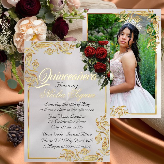 Invitation En Aluminium Roses, Photo & Gold Frame - Pearl Quinceanera  (Créateur téléchargé)