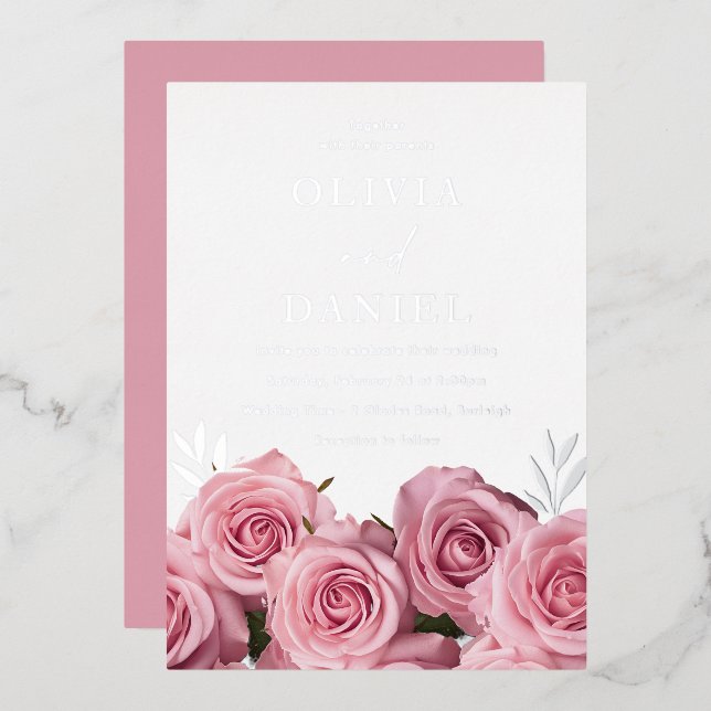 Invitation En Aluminium Roses rose vif Mariage Argent (Recto/Verso)