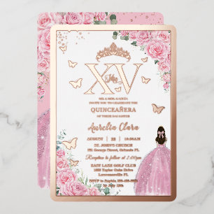 Invitation En Aluminium Roses roses florales Quinceanera Rose Or Mis XV
