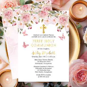 Invitation En Aluminium Roses roses roses Papillons Floral Première Sainte