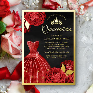 Invitation En Aluminium Roses rouges brillantes Quinceanera or noir