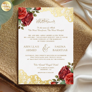 Invitation En Aluminium Roses Rouges Broderie Dorée Code QR Mariage Musulm