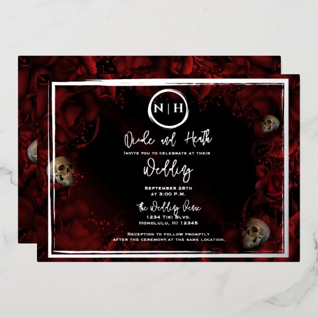 Invitation En Aluminium Roses rouges crânes Fleurs sombres Mariage Photo A (Recto/Verso)