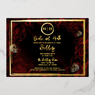 Invitation En Aluminium Roses Rouges Crânes Fleurs Sombres Photo de Mariag