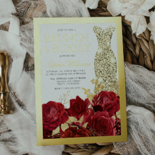 Invitation En Aluminium Roses Rouges et Bordure de Feuille d'Or Mariage