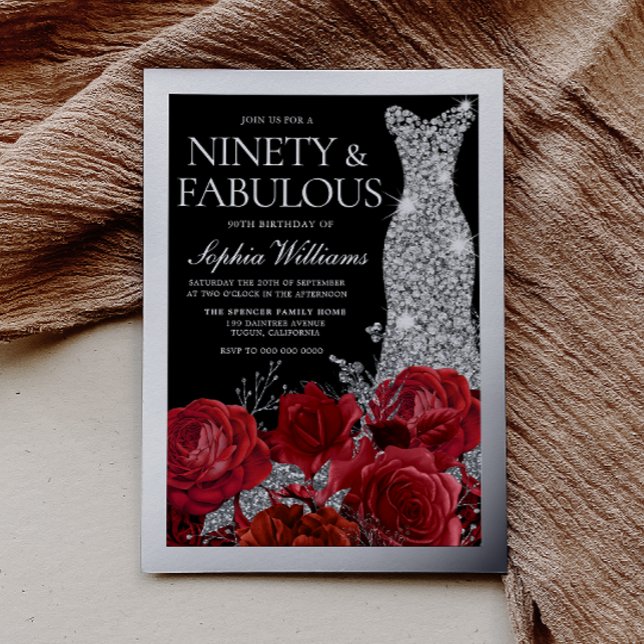 Invitation En Aluminium Roses Rouges & Feuille d'Argent Noir 90e Anniversa (Créateur téléchargé)