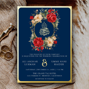 Invitation En Aluminium Roses rouges Fleurs d'ivoire Maroon Bleu Mariage O