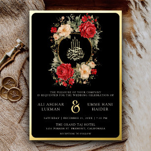 Invitation En Aluminium Roses rouges Fleurs d'ivoire Noir Musulman Mariage