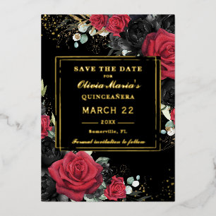 Invitation En Aluminium Roses Rouges Noires Fleurs Quinceanera Enregistrez