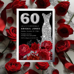 Invitation En Aluminium Roses Rouges Robe Diamant 60e Anniversaire Argent
