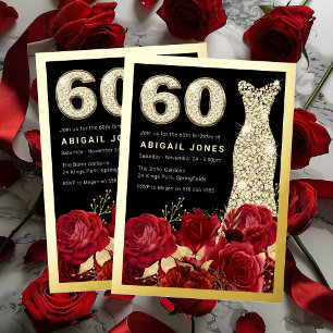 Invitation En Aluminium Roses Rouges Robe Diamant 60e Anniversaire Doré
