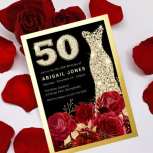 Invitation En Aluminium Roses Rouges Robe Dorée Fête d'Anniversaire 50 ans