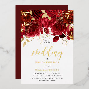 Invitation En Aluminium Roses rouges romantiques et Mariage feuille or