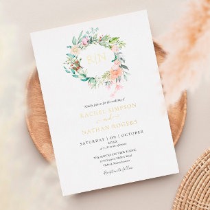 Invitation En Aluminium Roses Verdure Floral Mariage Monogramme Or