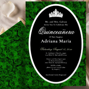 Invitation En Aluminium Roses Vertes Élégant Fleurs Quinceanera Argenté