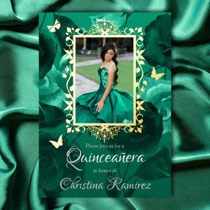 Invitation En Aluminium Roses verts turquoises, Papillons d'or Quinceanera