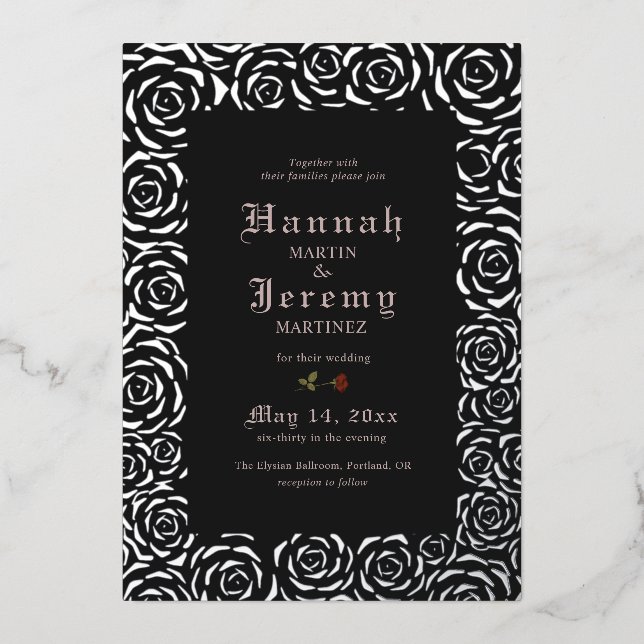 Invitation En Aluminium Roses Vintage Élégant Argent Noir (Recto)