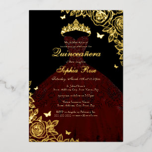 Invitation En Aluminium Rouge Bourgogne Black Gold Rose robe Quinceanera